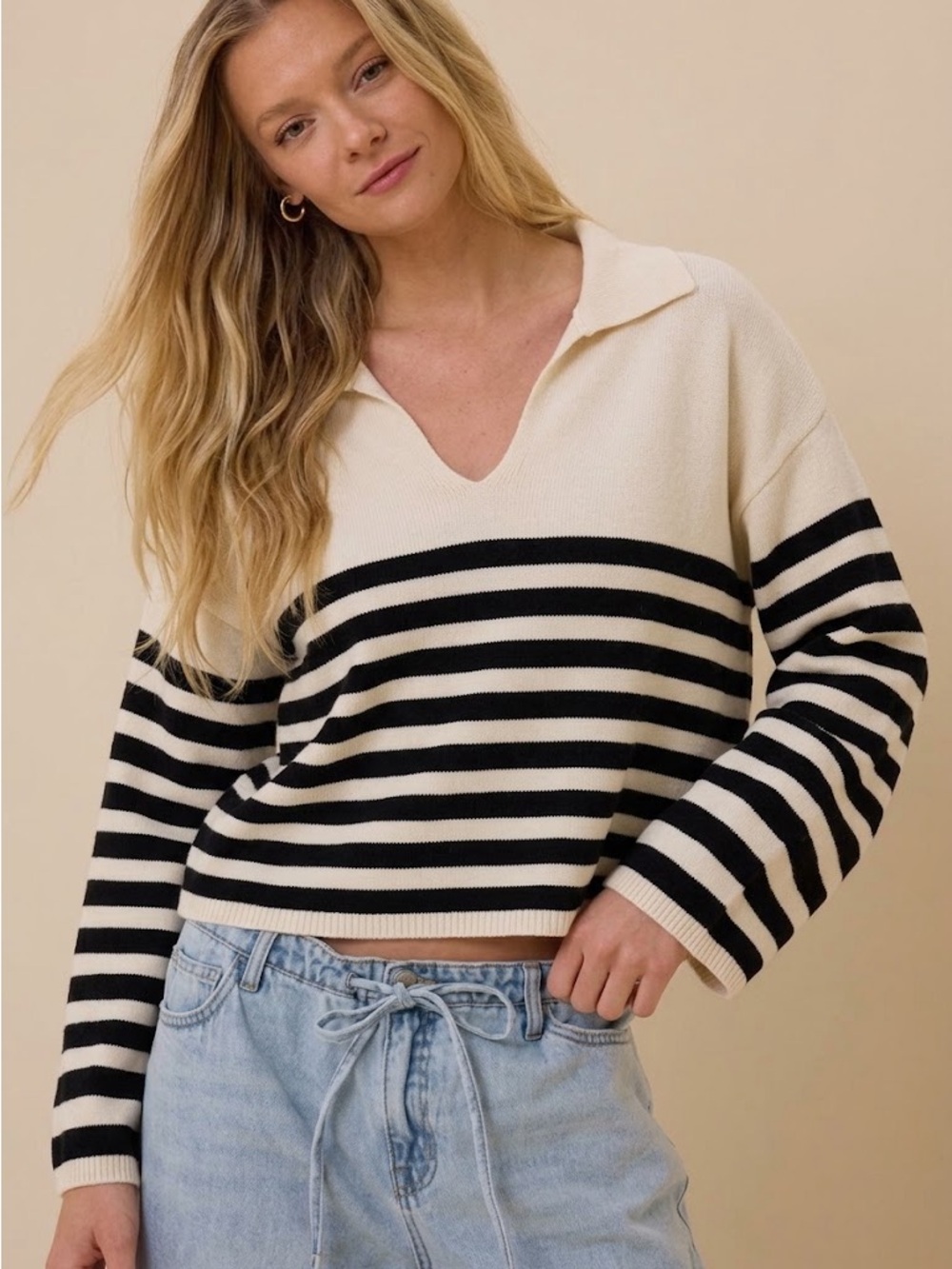 Altar’d State Cream & Black Striped Collared V-Neck Sweater